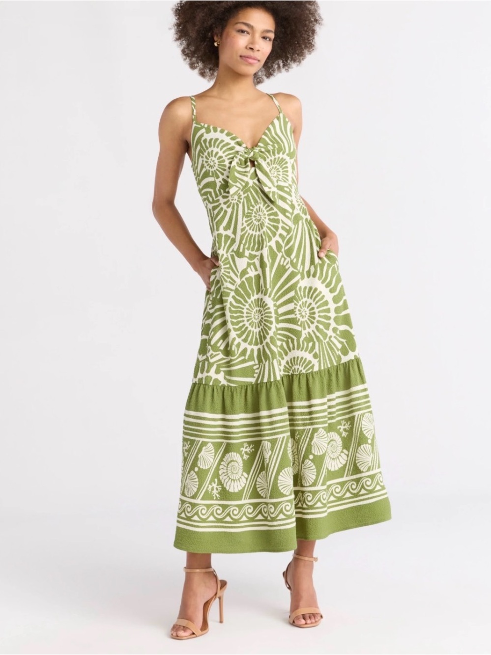 Sofia Green Patterned Tie-Front Midi Dress Coastal Bow Pockets Sz Small Women’s